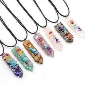 Set of 7 natural gemstone chakra healing crystal arrow necklaces with wire wrapped stones