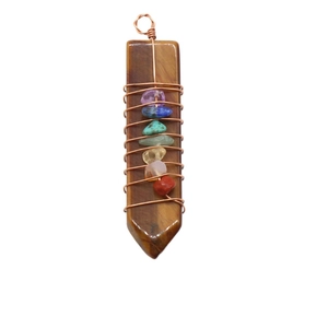Tiger Eye hexagonal crystal necklace with copper wire wrap and seven chakra gemstones