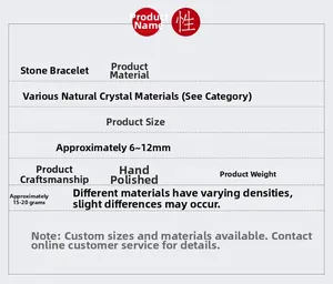 Detaillierte Größen- und Materialtabelle für Armbänder aus Naturkristallsteinen