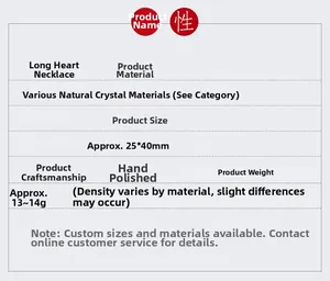 Detailed specifications of 25x40mm heart-shaped natural crystal pendant and weights