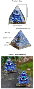 Detailed 6cm Orgone pyramid with Lapis Lazuli, evil eye and golden foil layers