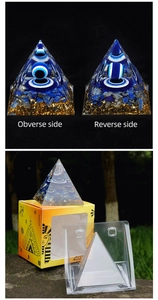 Detailed view of handmade Lapis Lazuli Orgone pyramid with Evil Eye and Egyptian gift box