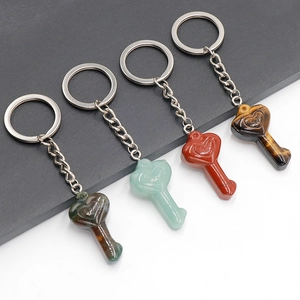Natural Stone Heart Shaped Carved Keychain Pendant Crystal Agate Keyring For Women Bag Charm Jewelry Accessory Gift