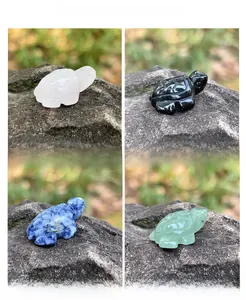 Detailed macro showing Rose Quartz, Obsidian, Sodalite, and Aventurine carved sea turtles