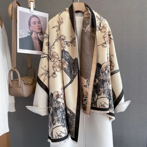 Écharpe Rétro Femme Jacquard Floral Imitation Cachemire Châle Fleurs De Prunier Chaud Doux Élégant