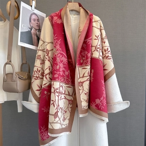 Vintage floral print shawl in deep red and ivory with stylish tassel edges