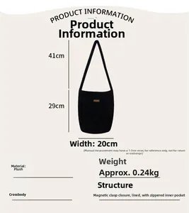 Detail of black faux fur bucket bag with magnetic closure and interior zipper pocket