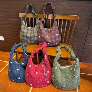 Damen Vintage Sternenmuster Plüsch Tragetasche Retro Karo Fleece Umhängetasche Mit Gerafftem Griff Reißverschluss Hobo Handtasche