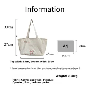 Detailed size chart of the large canvas tote bag showing dimensions and A4 paper comparison