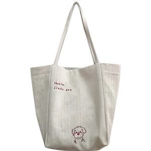 Canvas tote bag with red dog embroidery and large capacity in cream white color