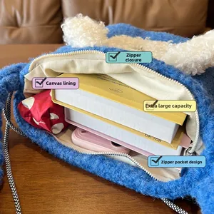 Detail of plush tote bag interior featuring canvas lining and zipper pocket capacity