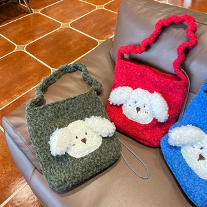 Cute plush dog patchwork drawstring tote bags in green, red, and blue fuzzy sherpa fabric