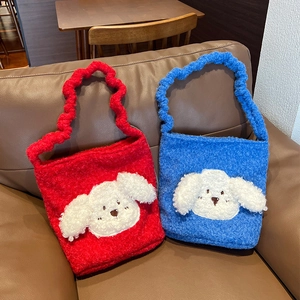 Winter plush drawstring tote bag with cute 3D puppy patch in vibrant red and royal blue