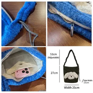 Plush faux fur drawstring tote bag featuring cute dog embroidery and adjustable strap