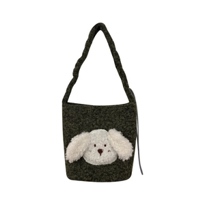 Cute winter plush drawstring tote bag in dark green featuring a white fluffy dog face
