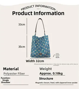 Detailed size chart for blue bohemian floral tote bag with brown straps and dimensions