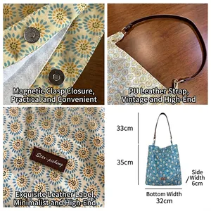 Floral print tote bag with brown PU leather strap and Star-picking brand leather label