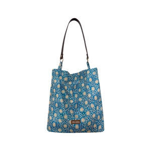 Vintage floral canvas tote bag with navy sun patterns and brown leather straps