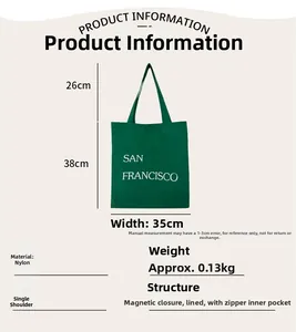 Detailed size chart for green nylon tote bag showing 35x38cm dimensions and features
