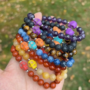 Natural Stone Skull Beaded Bracelet Amethyst Tiger Eye Round Beads Gothic Punk Jewelry For Women Men Halloween Gift