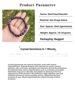 Macro detail of 8mm amethyst round beads and purple skull beads on an elastic bracelet