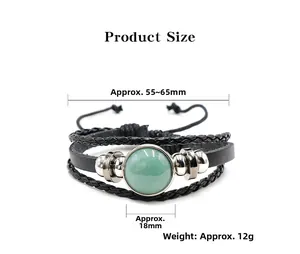 Detail showing adjustable leather braid and 18mm green gemstone inlay on the bracelet
