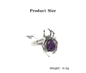 Macro detail of gothic spider ring featuring purple teardrop stone and adjustable band