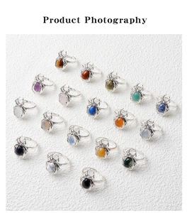 Detailed grid of sixteen punk spider rings featuring various natural gemstone cabochons