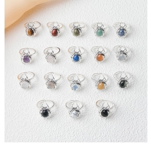 Detailed view of 18 spider rings featuring colorful natural gemstones in silver settings