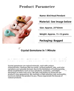 Detail view of bird head pendant dimensions and assorted natural gemstone materials