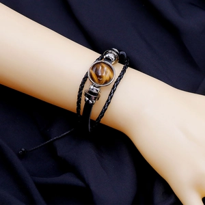 Multilayer leather bracelet with tiger eye stone and metallic beads for men and women