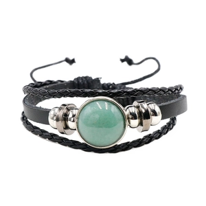 Multilayer black leather wrap bracelet with round green gemstone and braided cord design