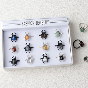 Set of spider rings with natural crystal stones and punk style for Halloween decor