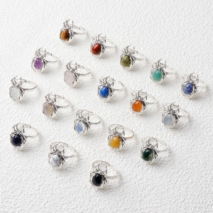 Gothic spider rings with natural crystal stones and adjustable silver bands