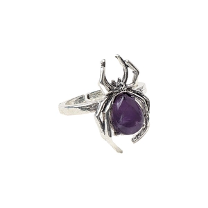 Gothic silver spider ring with purple crystal gemstone inlay for Halloween styling