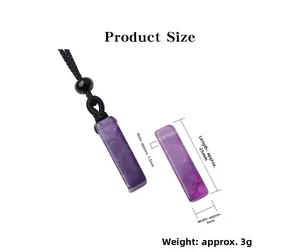 Macro shot of rectangular amethyst pendant with size dimensions on white background