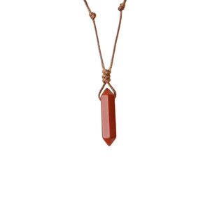 Natural red crystal hexagonal point pendant necklace with adjustable brown braided cord