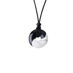 Yin Yang Tai Chi necklace with obsidian and turquoise circular donut stone pendant
