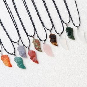 Collier Pendentif Aile D Ange Pierre De Cristal Naturel Guérison Reiki Bijoux Charme D Aile Sculpté Cordon De Cire Cadeau