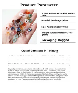 Detailed view of 10mm hollow heart-shaped natural crystal beads in various colors