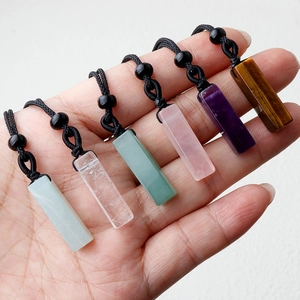 Natural amethyst and multi-stone rectangular prism pendant necklace with woven cord