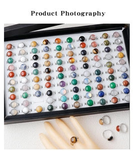 Detail view of 15mm natural gemstone rings collection in silver stainless steel mounts
