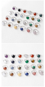 Detailed grid of diverse 15mm natural crystal and agate rings with adjustable silver bands