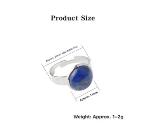Detail view of 11mm blue gemstone ring showing 20mm adjustable band size and weight specs