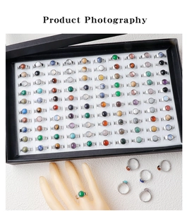 Detailed close-up of 11mm natural gemstone rings set in stainless steel for bulk display