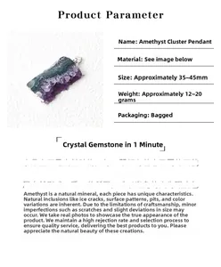 Detailed specs of natural amethyst geode pendant showing 35-45mm size and 12-20g weight