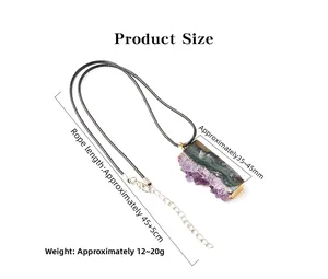 Detailed view of raw purple amethyst cluster pendant with gold plating and size measurements