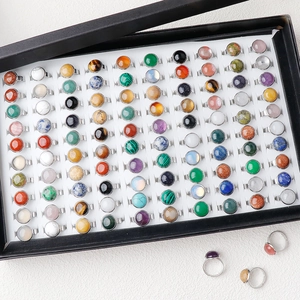 100pcs bulk mix natural crystal stone rings with silver stainless steel settings