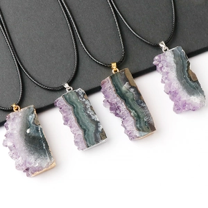 Natural Amethyst Druzy Pendant Necklace Irregular Crystal Slice Electroplated Metal Edge Healing Stone Jewelry Women