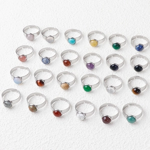 Natural Crystal Agate Inlaid Stainless Steel Adjustable Open Ring For Women Vintage Round Gemstone Finger Jewelry Gift